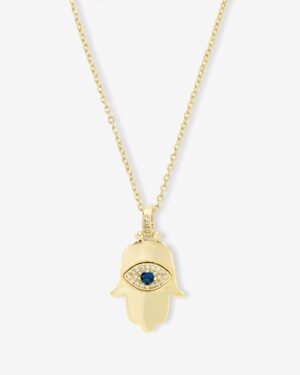 Hamsa Pendant Necklace - Gold|White Diamondettes